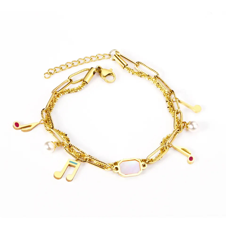 18k Gold Double Chain Musical Charm Bracelet | Music Note Bracelet