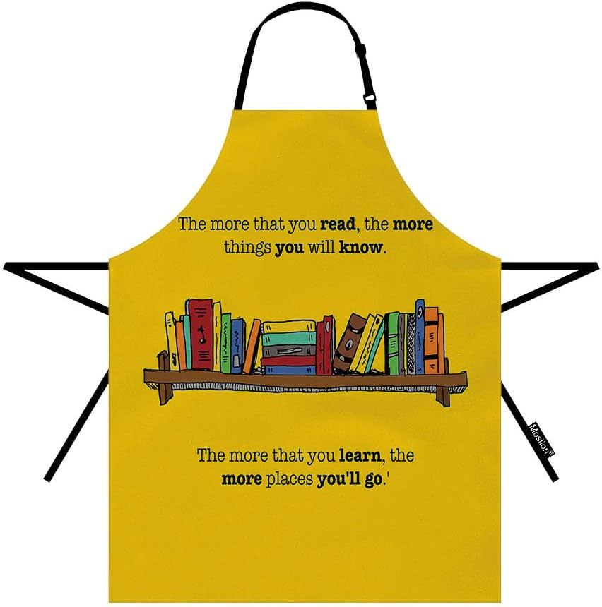 Book Apron 31X27 Inch Motivational Quote the More You Read Learn the More You Know Go Education Kitchen Chef Waitress Cook Aprons Bib with Adjustable Neck for Women Men Girls