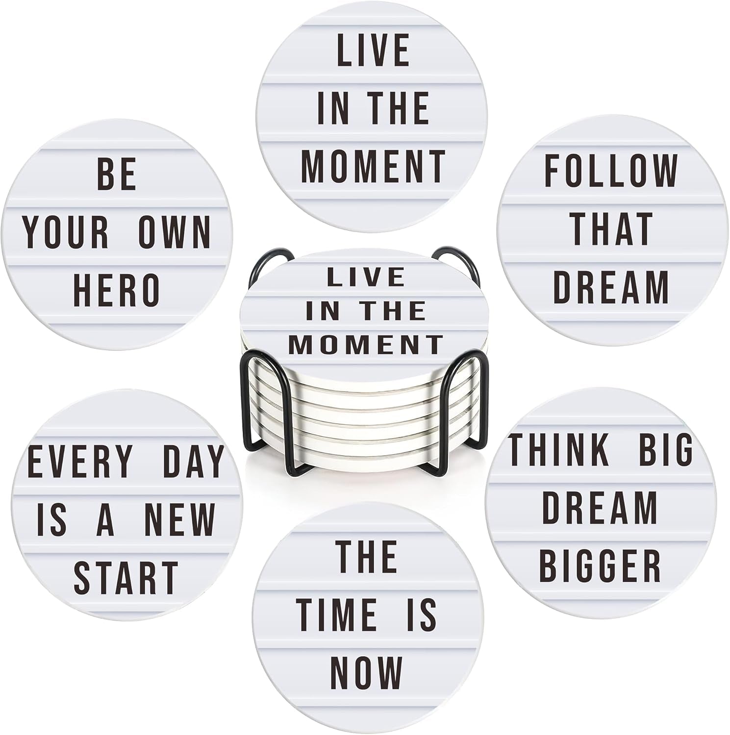 Drink Coasters with Holder,6 Pcs Motivation Quote Absorbent Ceramic Coasters with Cork Base,Cute Funny Table Drinks Coasters,Table Home Decor,4 Inches