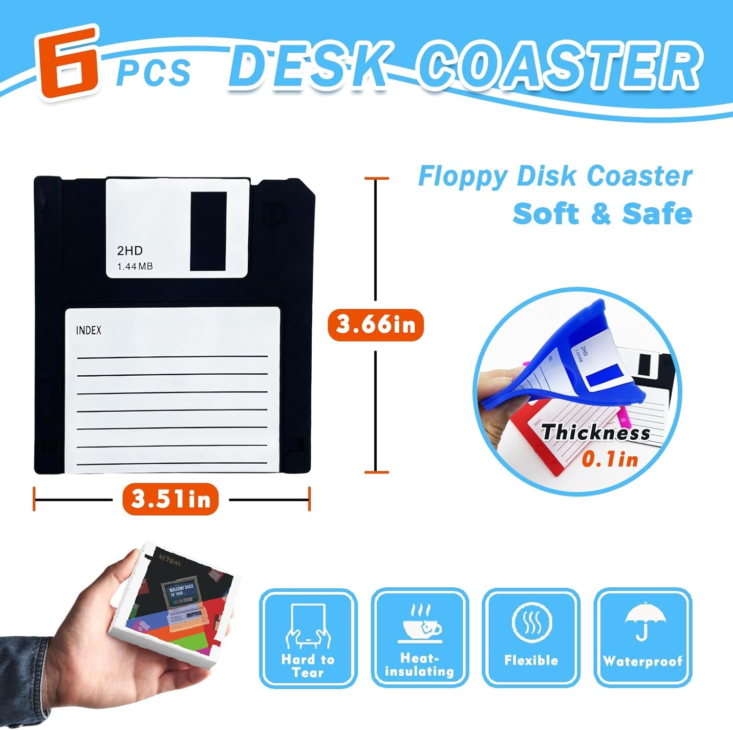 6 Pcs Floppy Disk Coasters for Drinks, Retro 90S Nostalgia Gifts, Silicone Funny Coasters for Adults, Unique Office Desk Decor, Creative Geek Home Accessories