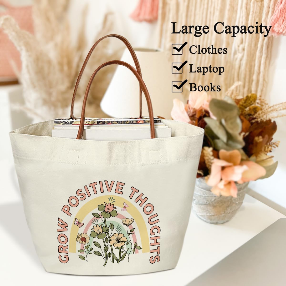 Boho Canvas Tote Bags for Women - Aesthetic & Cute Grocery Shopping Handbag -03