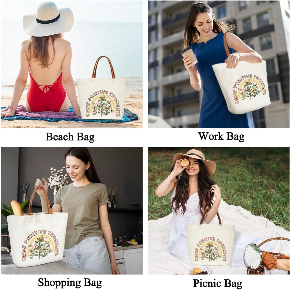 Boho Canvas Tote Bags for Women - Aesthetic & Cute Grocery Shopping Handbag -03