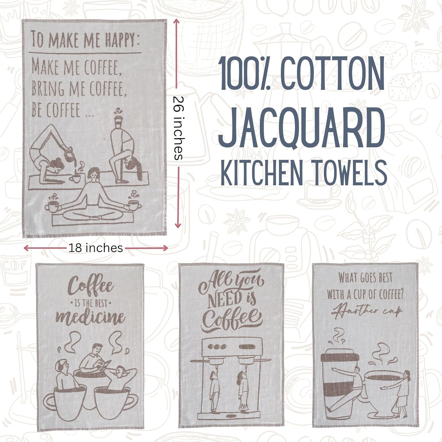 Coffee Themed Funny Dish Towels for Kitchen Drying, 100% Cotton Kitchen Tea Towel Set of 4, Housewarming Birthday Gift for Coffee Lovers (Coffee Lovers)