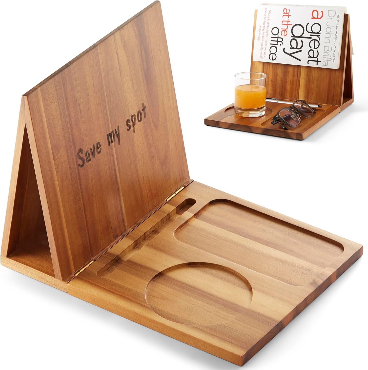 Triangle Book Holder, Book Rest, Acacia Foldable Book Nook Reading Valet, Triangle Book Stand with Cup, Pen, Glasses and Phone Holder for Bedroom, Nightstand or Office, Gifts for Book Lover
