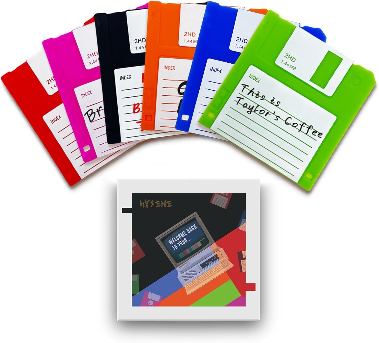 6 Pcs Floppy Disk Coasters for Drinks, Retro 90S Nostalgia Gifts, Silicone Funny Coasters for Adults, Unique Office Desk Decor, Creative Geek Home Accessories