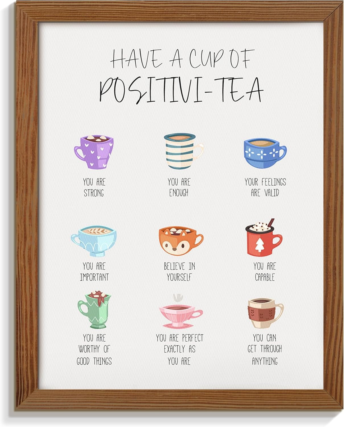 Have a Cup of Positivi-Tea Sign Wall Decor Self Affirmation Print Poster Framed Mental Health Wall Art Canvas Inspirational Positive Quotes Wall Decor School Counseling Therapy Office Desk Decor 8X10