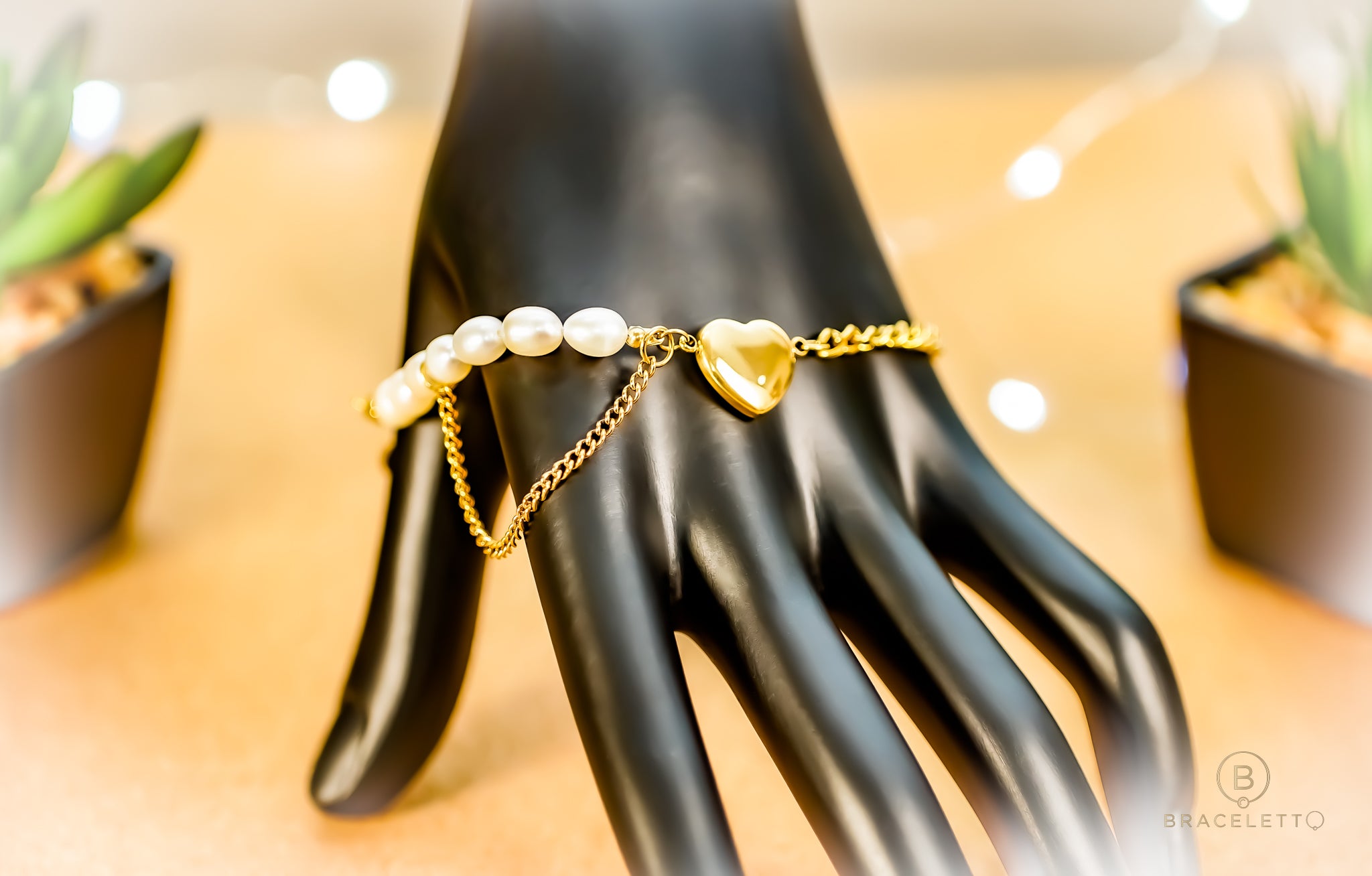 Gold Heart and Pearl Chain Bracelet